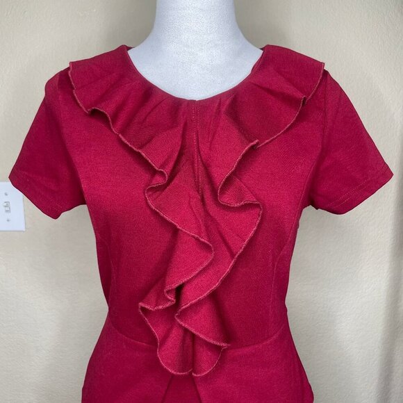 REPHYLLIS Women's Scarlet Red Ruffle Accent Faux 2 Piece Short Sleeve Midi Med - Picture 2 of 9